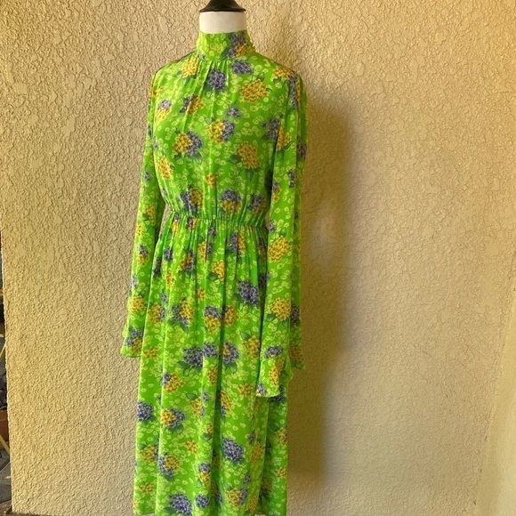 Les Reveries Silk Lime Green With Purple & Gold Floral Print Midi Dress  6 EUC‎ - Picture 4 of 12
